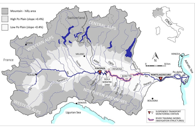 Collegamento a Il declino dei sedimenti in sospensione e i cambiamenti geomorfologici nel fiume Po avvenuti negli ultimi 100 anni